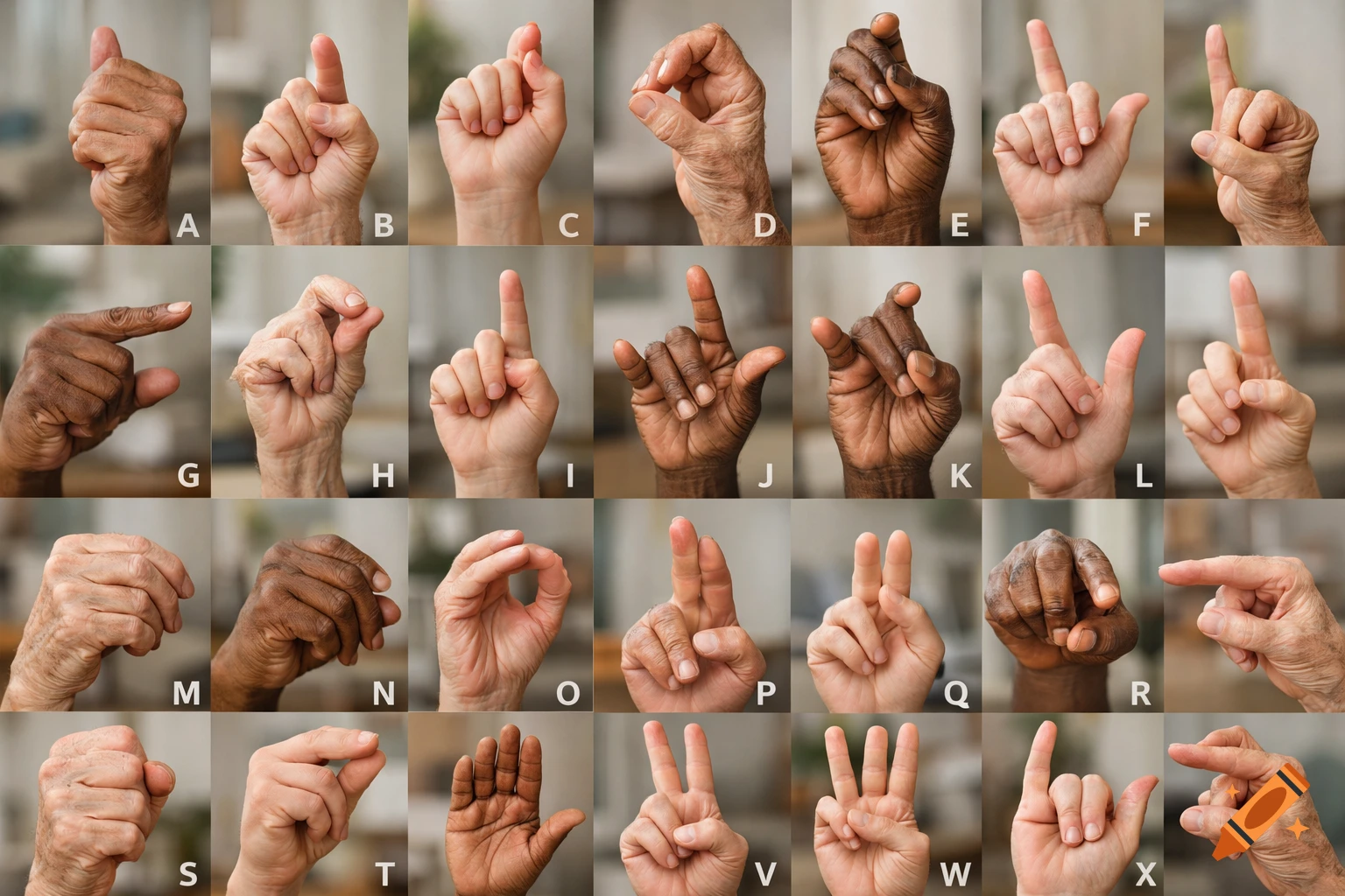 A grid of 24 hands forming American Sign Language letters, labeled A through X, with diverse skin tones.