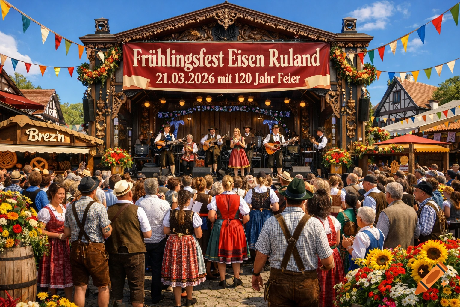 A vibrant outdoor Spring Festival with a band performing on a decorated stage for a large crowd in traditional German attire.