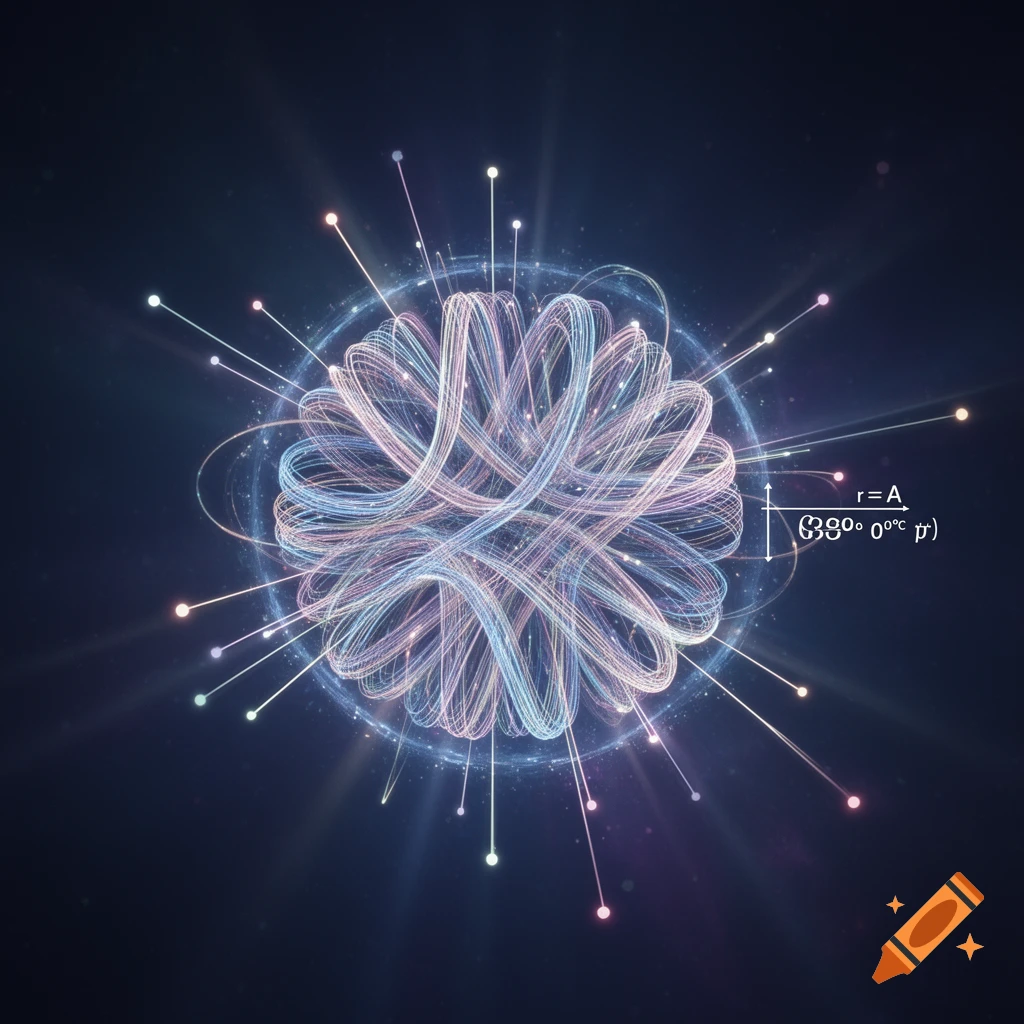 A glowing abstract spherical form made of intertwined light trails, with light rays emitting outwards, on a dark background. Scientific notation is present on the right.