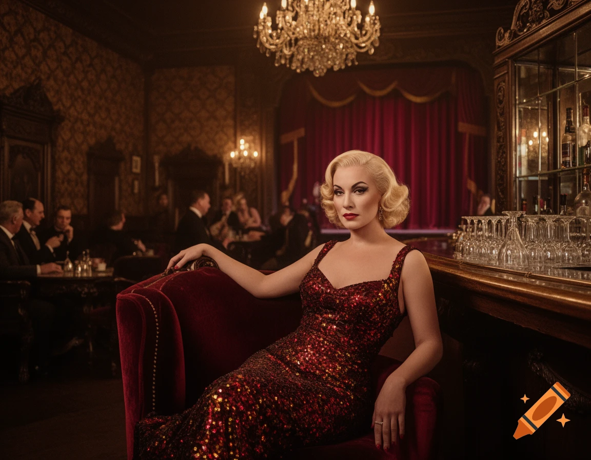 Glamorous woman in a red sequined dress reclining in an ornate, vintage-style bar.