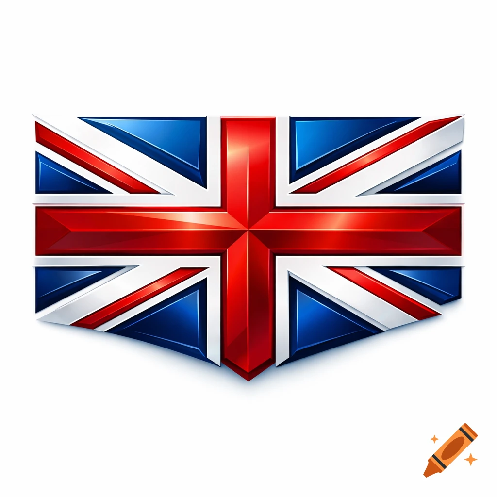 A stylized, glossy 3D rendering of the Union Jack flag against a white background.