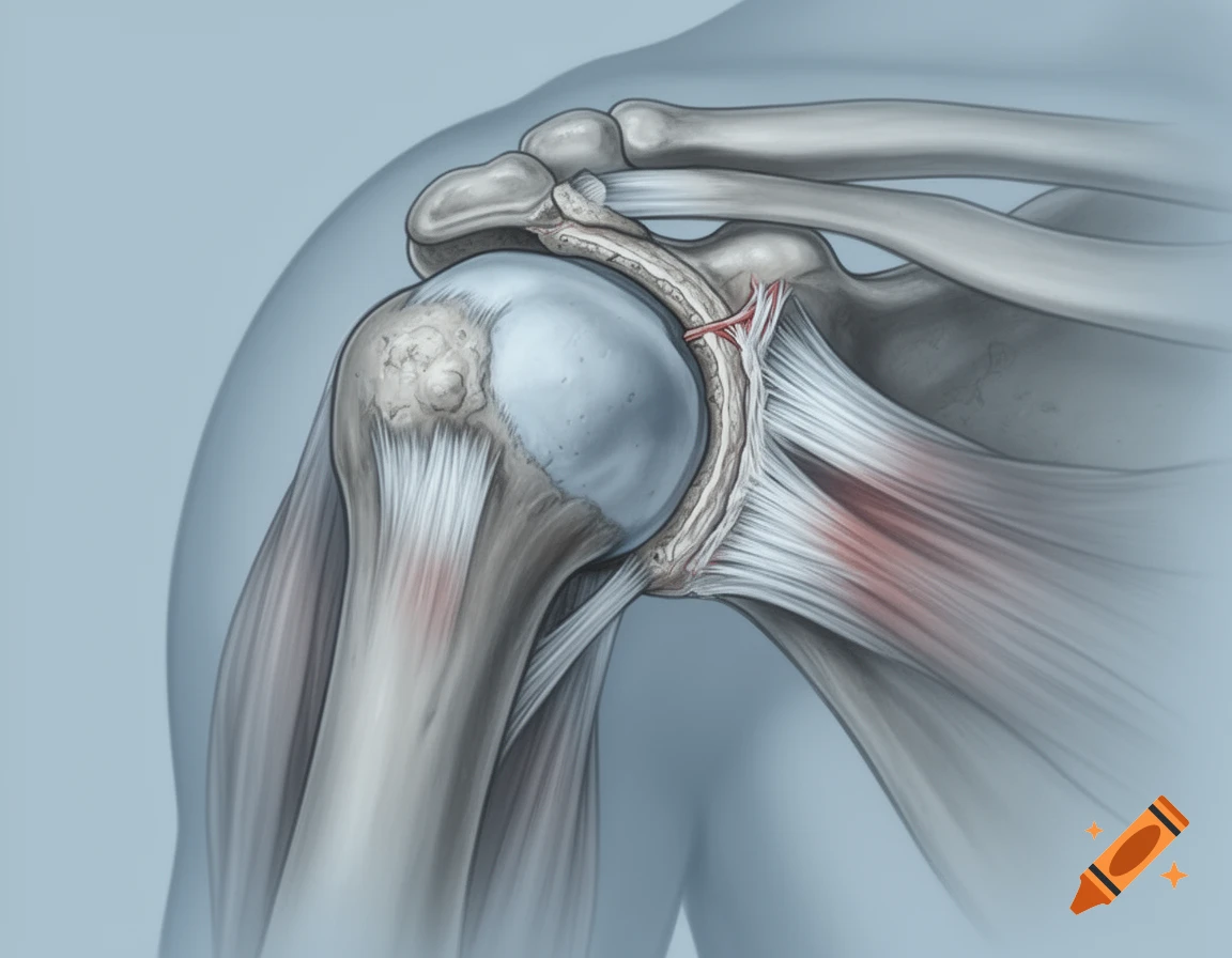 Detailed medical illustration of a human shoulder joint with bones, ligaments, muscles, and highlighted injuries.