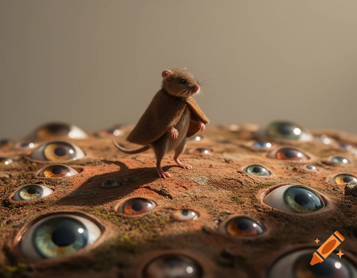 A small, brown, mouse-like creature wearing a cape stands on a textured ...