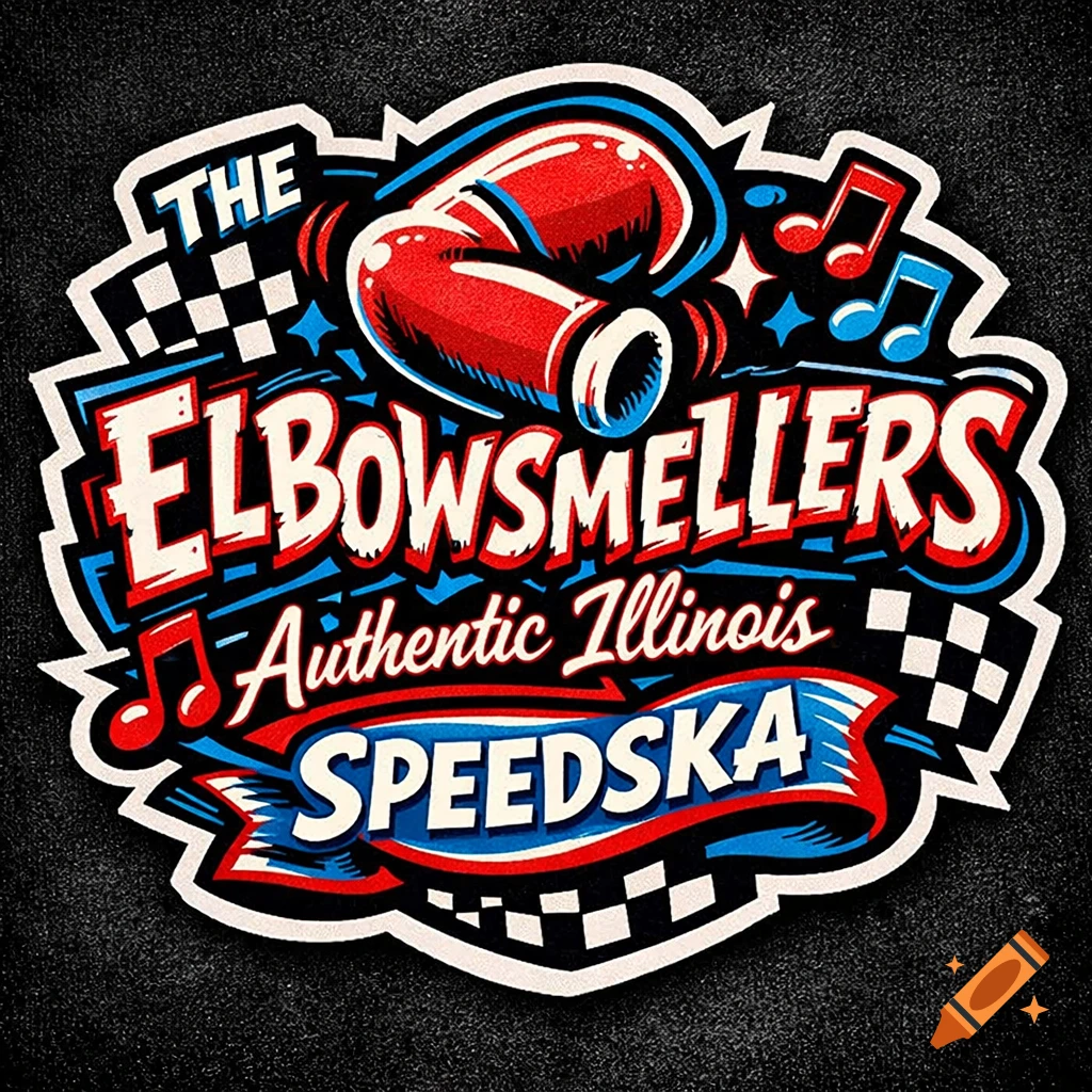 A vibrant band sticker design for 'The Elbowsmellers: Authentic Illinois Speedska' with stylized elbows, musical notes, and checkered flags.