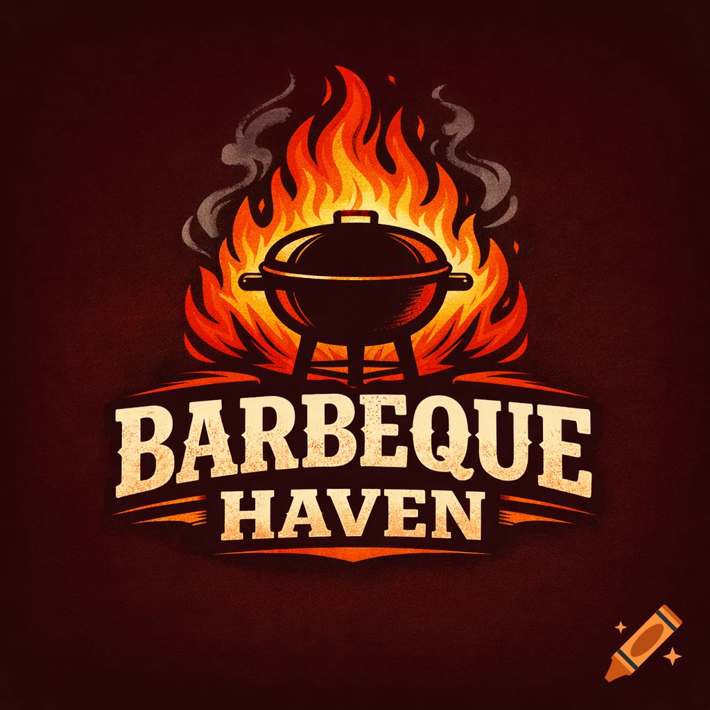 A stylized logo featuring a black kettle barbecue grill with vibrant flames and smoke behind it, above the words 'BARBEQUE HAVEN'.