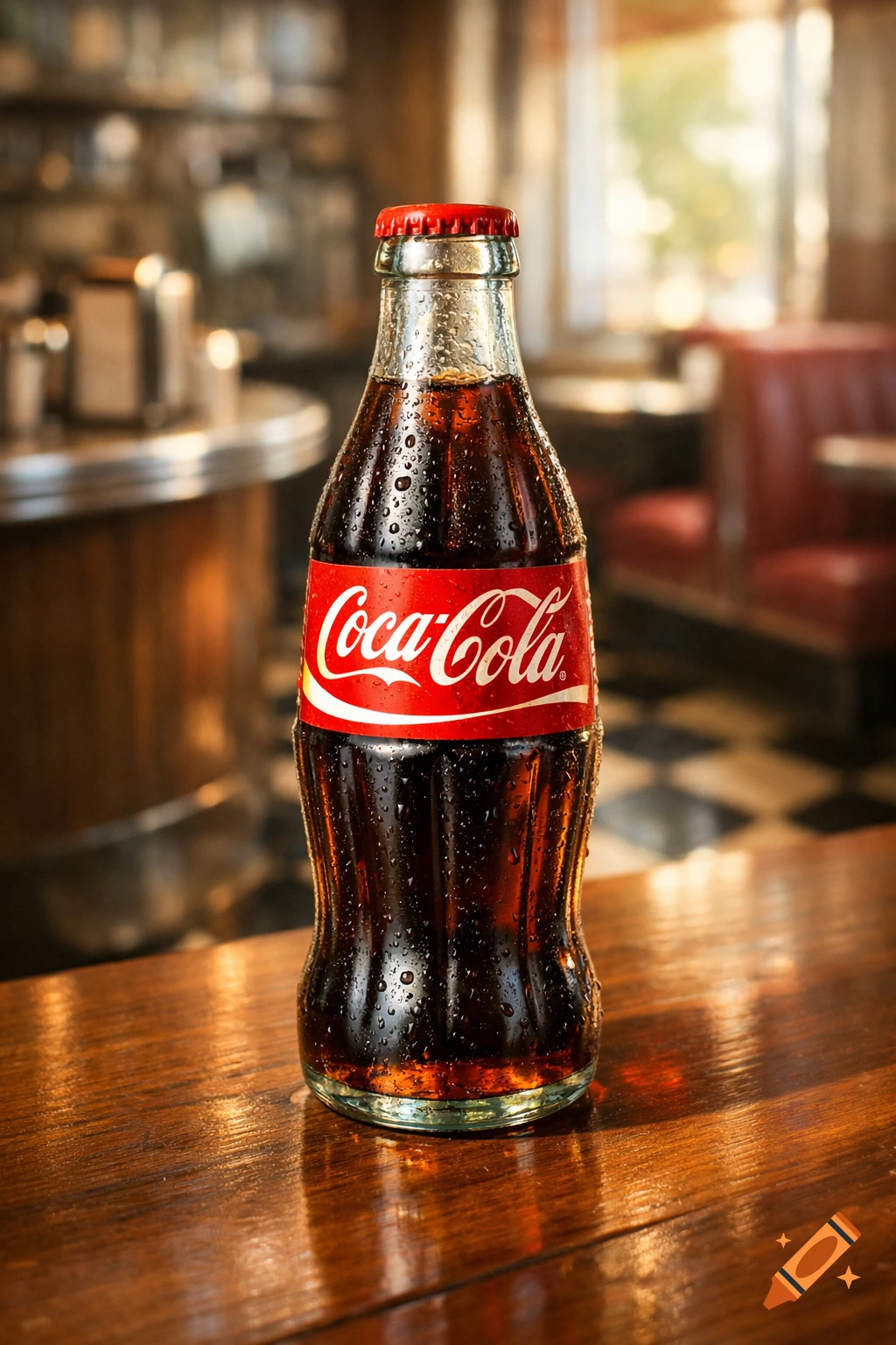 A cold, condensation-covered Coca-Cola bottle sits on a wooden table in a retro diner, with blurred background.