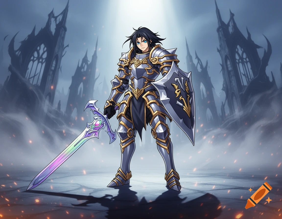 An anime knight in intricate silver and gold armor stands before gothic ruins, holding a glowing sword and shield.