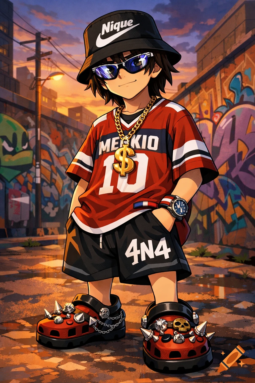 A stylish anime teenager in a bucket hat, sunglasses, red jersey, and spiked clogs stands in a graffiti-covered urban street at sunset.