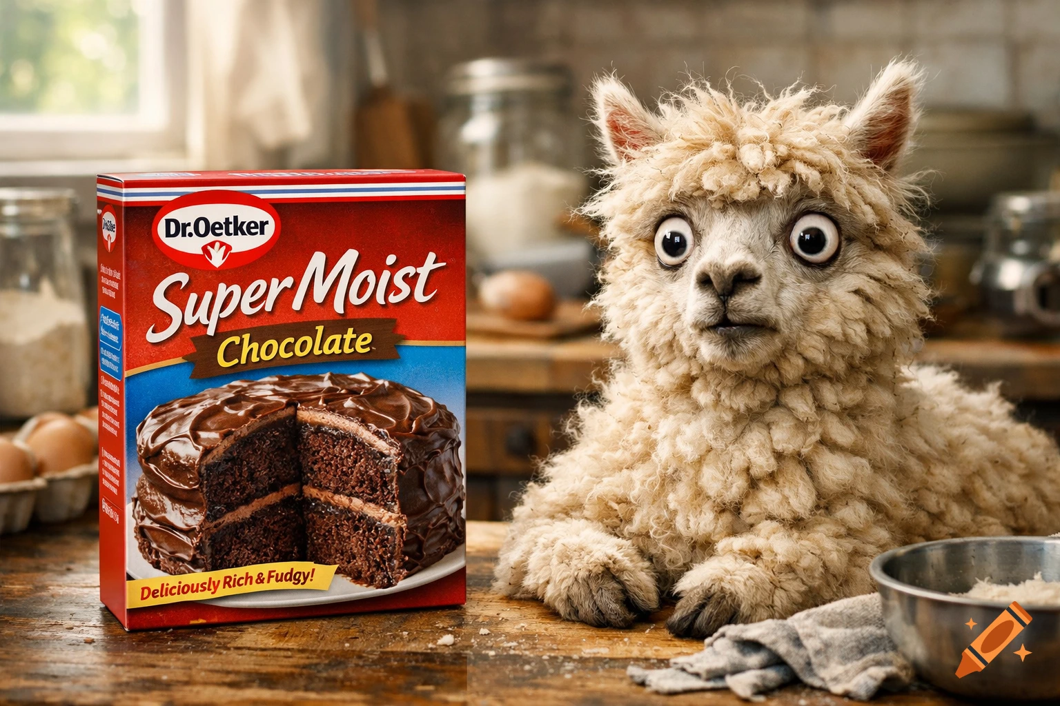 A fluffy alpaca with wide eyes looks stressed next to a box of Dr. Oetker Super Moist Chocolate cake mix on a wooden counter.