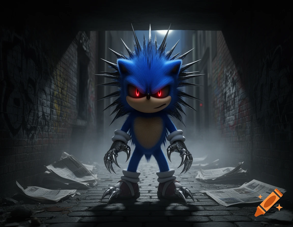 A dark, scary version of Sonic the Hedgehog with red eyes and sharp claws stands in a dimly lit alley, surrounded by newspapers.