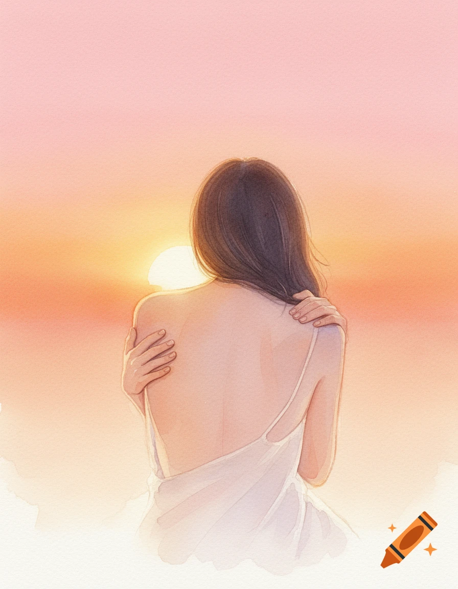 A watercolor painting of a woman from behind, hugging her shoulders, against a warm pastel pink and orange sunrise.