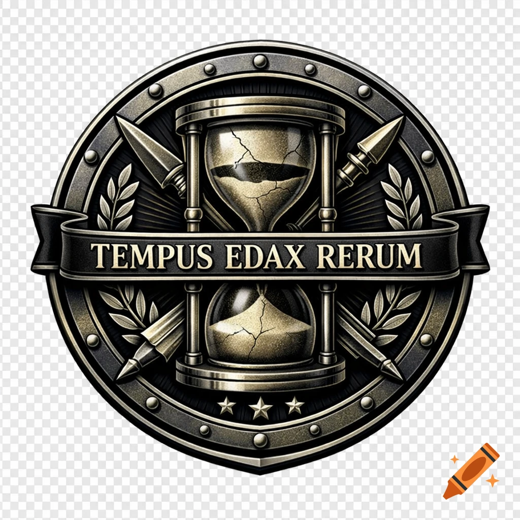 A circular military-style emblem with a cracked hourglass, crossed spears, stars, and a banner reading 'TEMPUS EDAX RERUM'