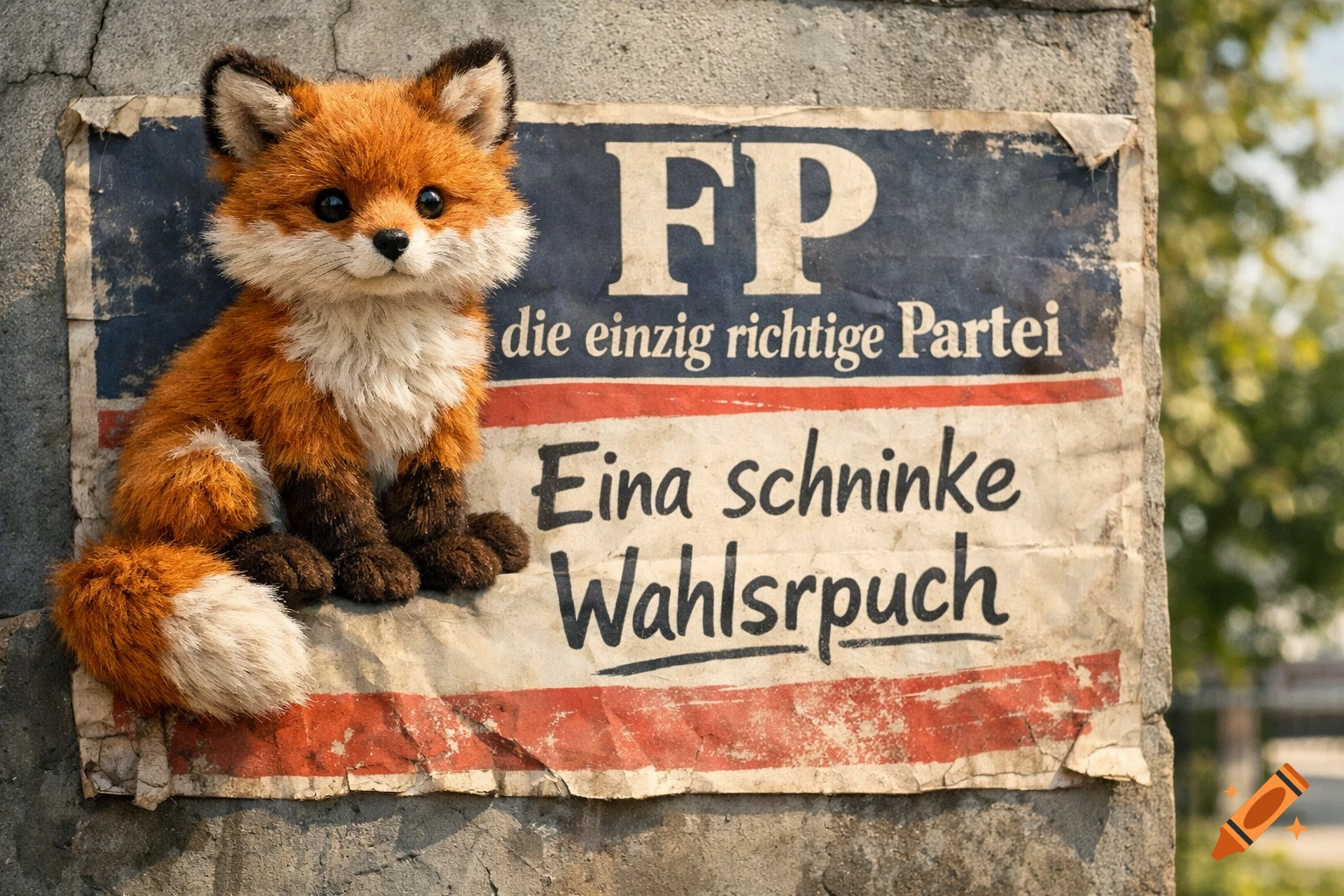 A fluffy, cute fox plush toy sits next to a worn political poster that reads 'FP die einzig richtige Partei' and 'Eina schninke Wahlspruch'.