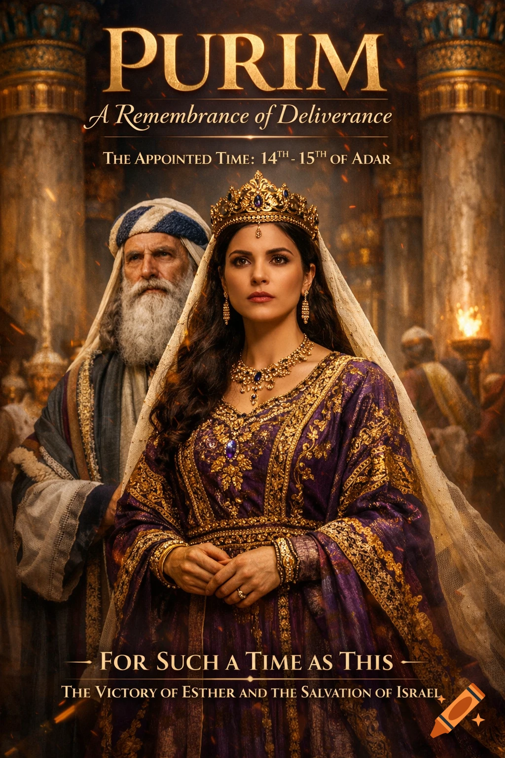 A cinematic poster for Purim depicts Queen Esther in a purple and gold gown with a crown, alongside an elder man with a white beard, against a backdrop of ancient pillars and crowds.