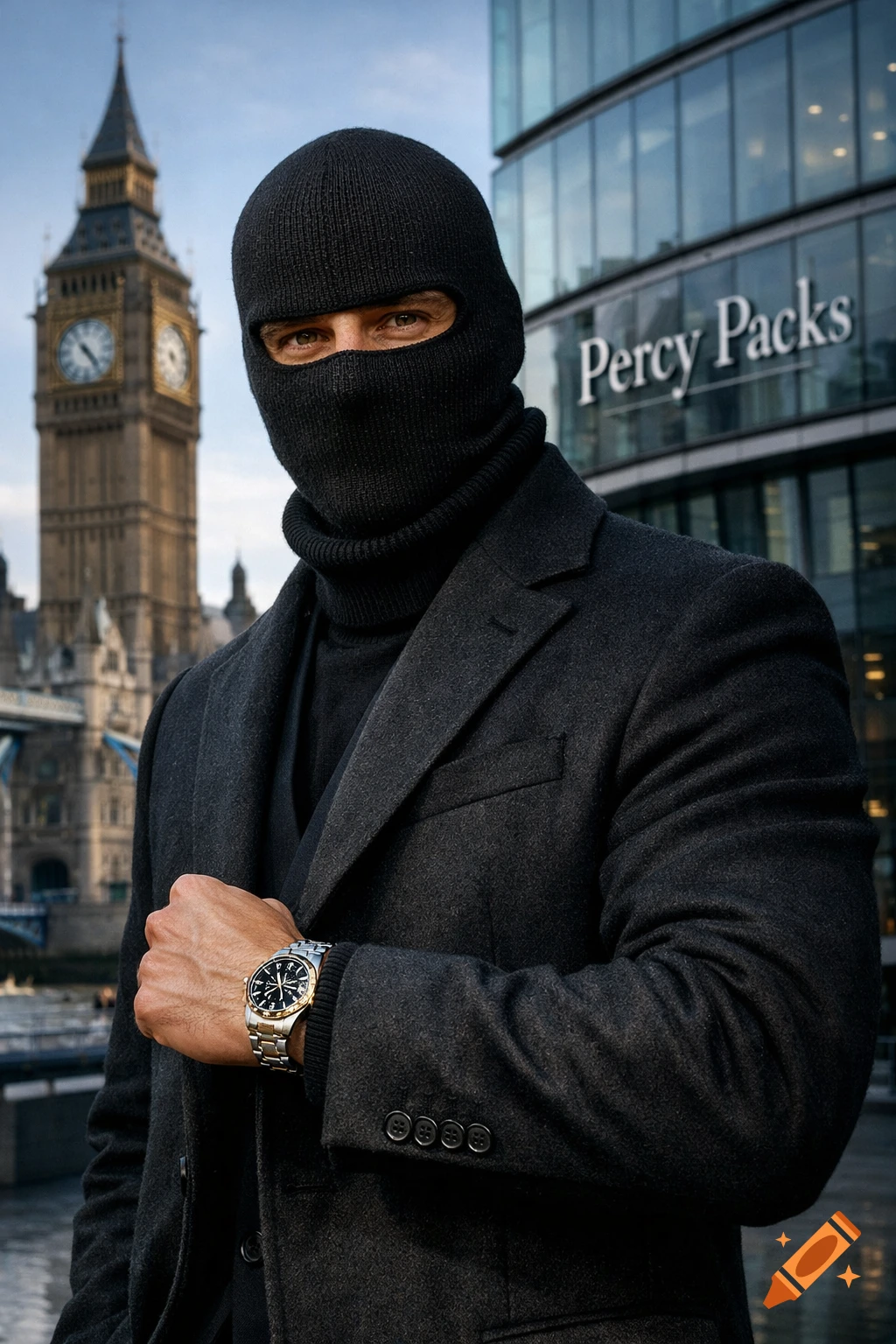 A man in a black balaclava and coat wears a watch, standing before Big Ben and a building with 'Percy Packs' in London.