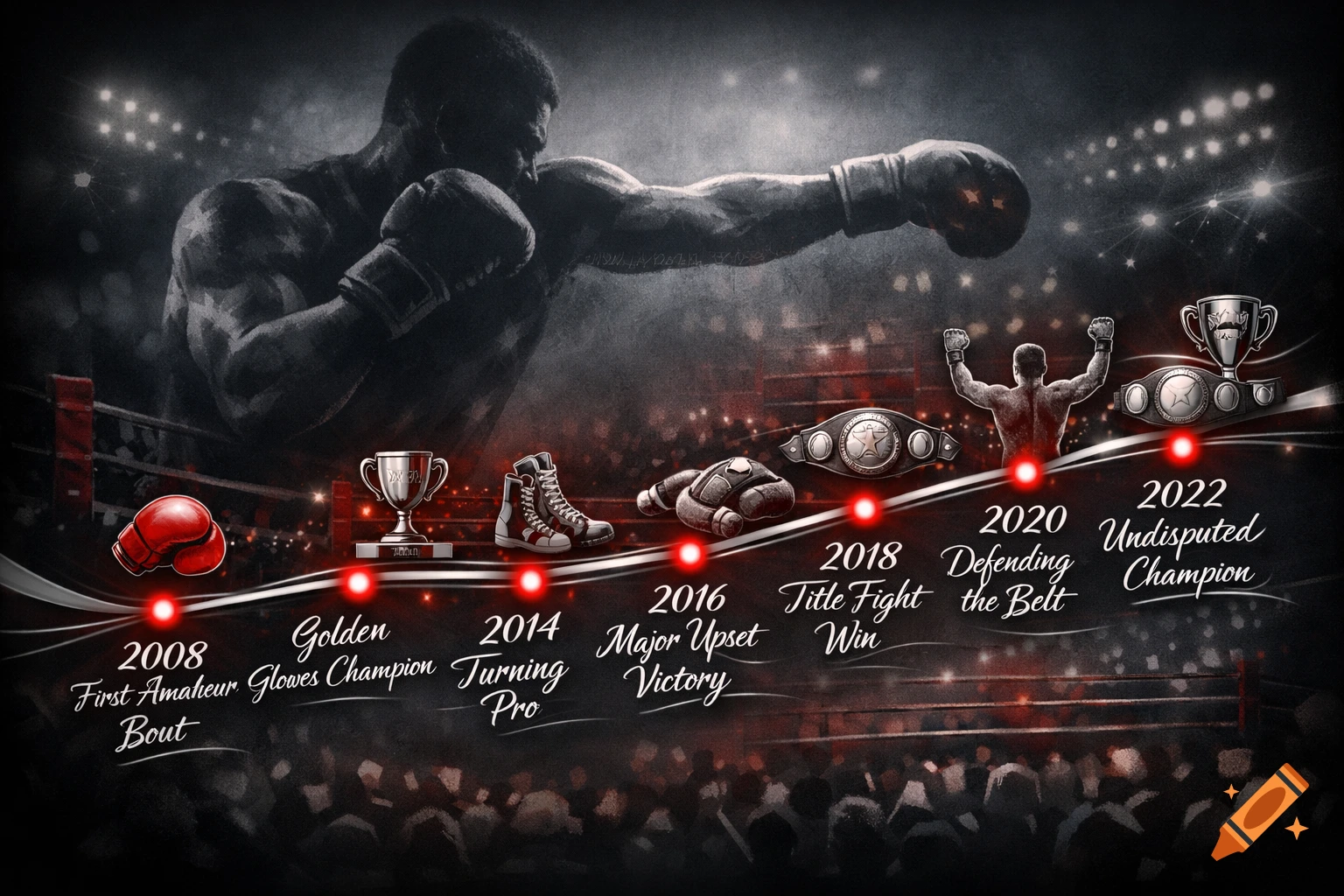 A stylized timeline of a boxer's career in black, white, and red. A large, shadowy boxer throws a punch in the background, while a red boxing glove, boots, trophies, and championship belts mark milestones from 2008 to 2022, culminating in an 'Undisputed Champion' title.