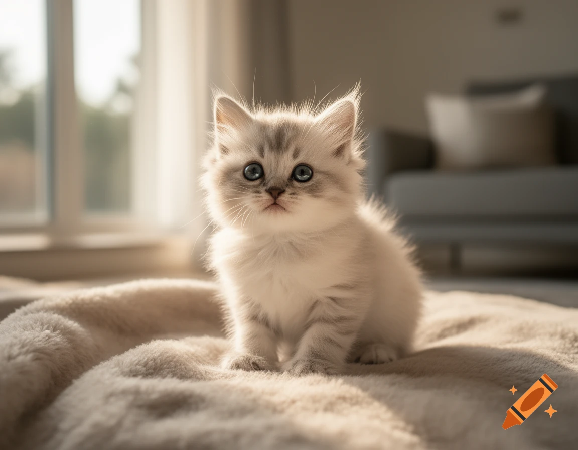 A fluffy white kitten with blue eyes sits on a soft beige blanket by a sunlit window, photorealistic.