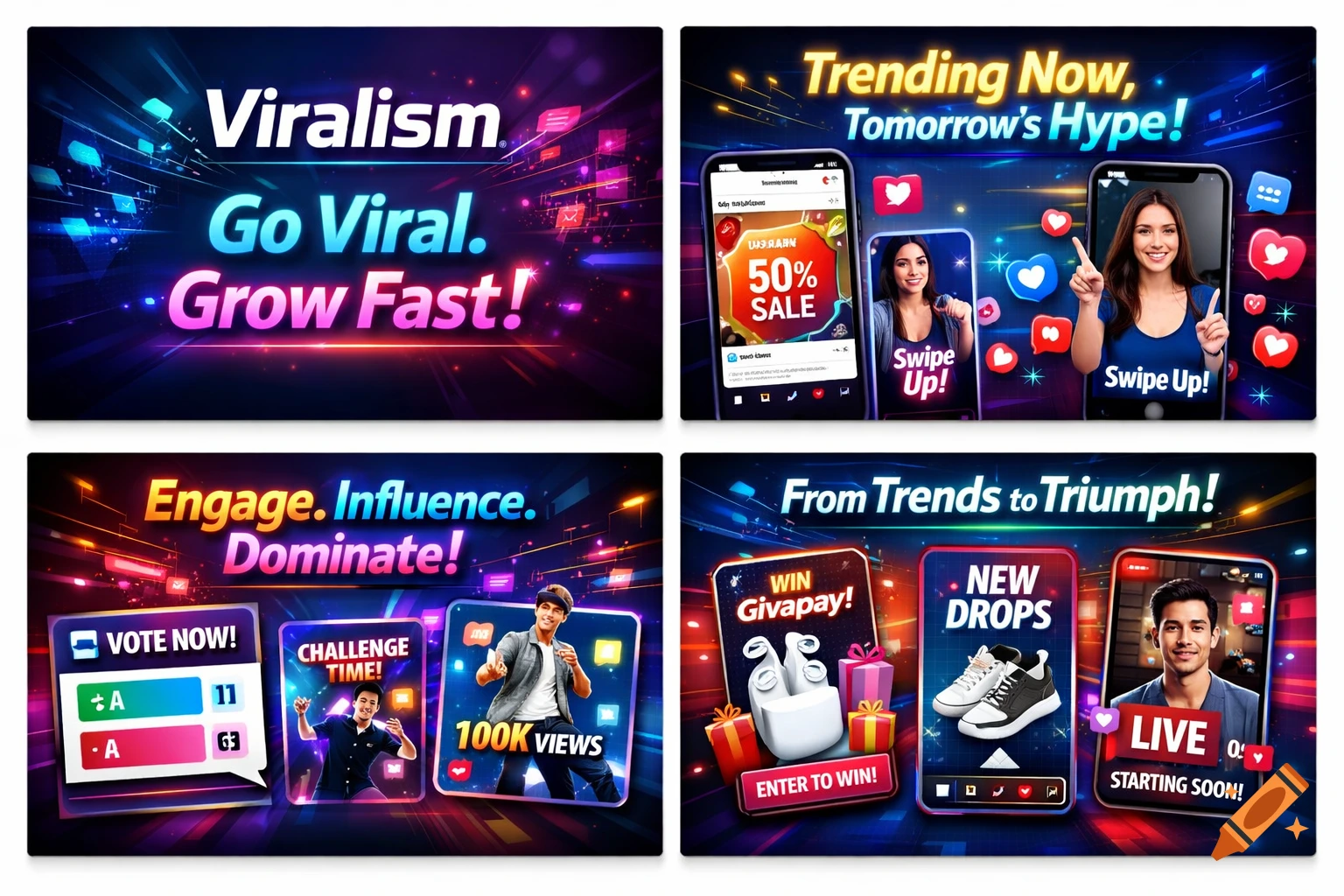 Four vibrant promotional banners for a social media marketing company called Viralism. Each banner features bright colors, glowing digital lines, phones, and people, with various marketing-related slogans and calls to action like 'Go Viral. Grow Fast!', 'Swipe Up!', '100K Views', and 'New Drops'.