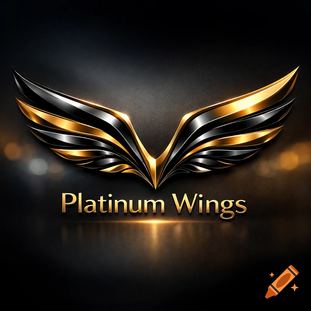 A sleek metallic black and gold winged logo with the text 'Platinum Wings' below it, against a dark background.