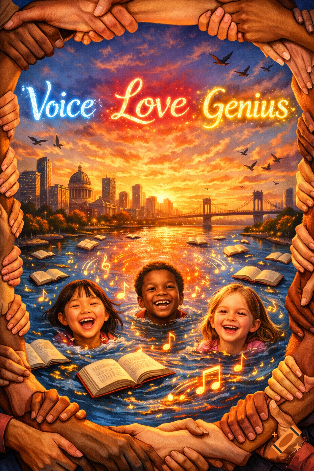 Vibrant image of diverse hands framing three smiling children in a river with books and musical notes, a cityscape, and glowing 'Voice Love Genius' text.
