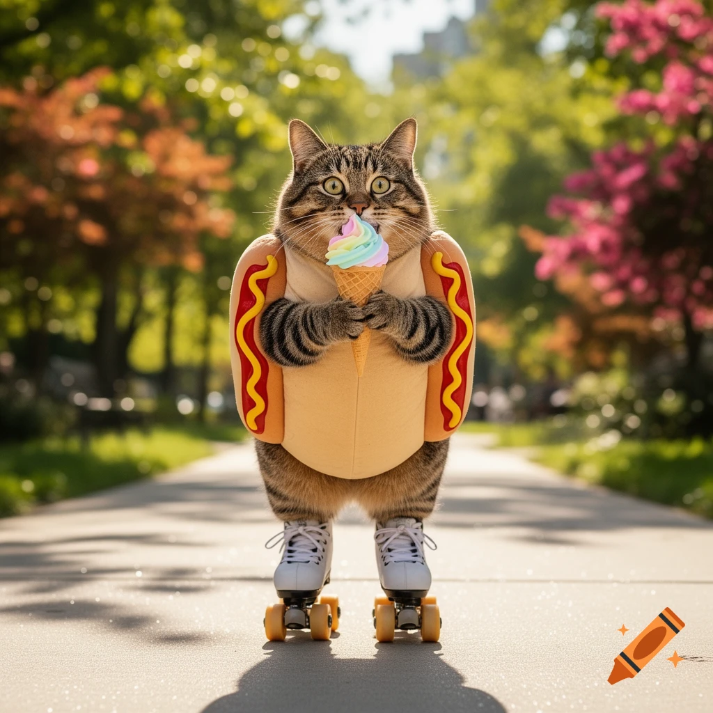 A tabby cat in a hotdog costume on roller skates, eating a colorful ice cream cone on an outdoor path.