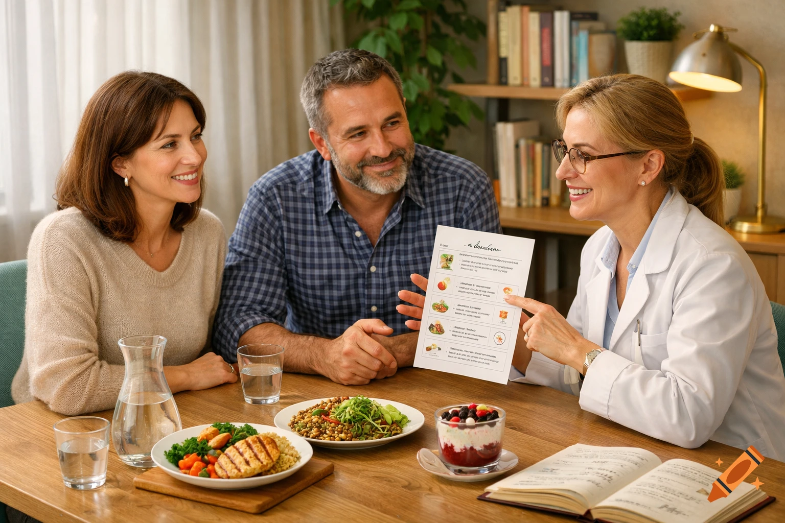 A nutritionist in a white coat shows a document to a smiling couple, with healthy meals and an open book on a wooden table.