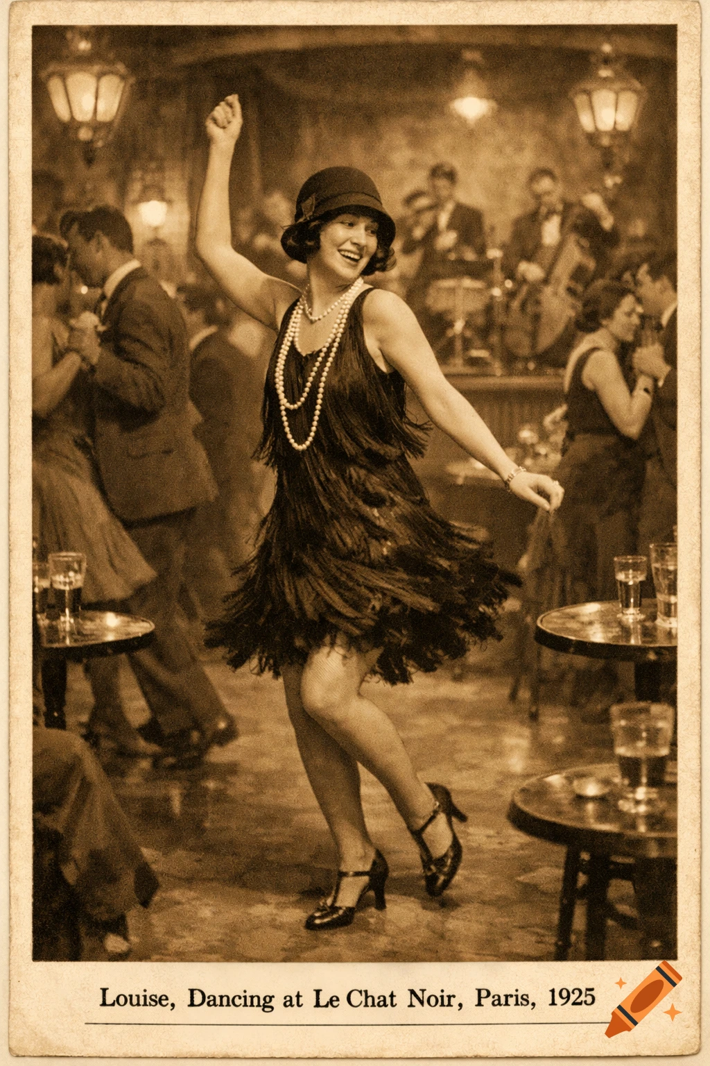Sepia vintage photo of a flapper girl in a fringe dress and cloche hat dancing in a crowded 1920s jazz club.