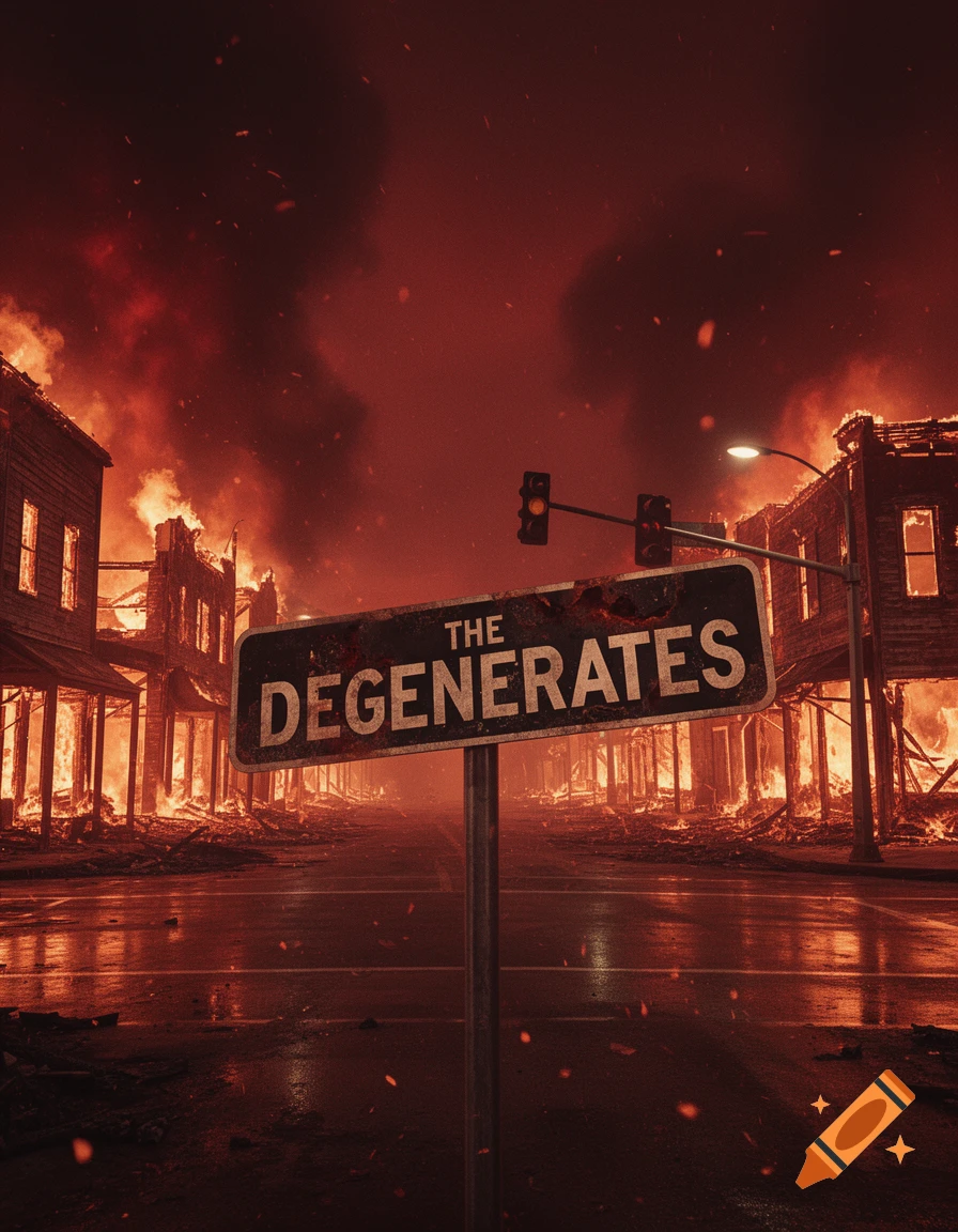 Photorealistic image of a burning town under a red sky, with a prominent street sign reading 'THE DEGENERATES' in the foreground.
