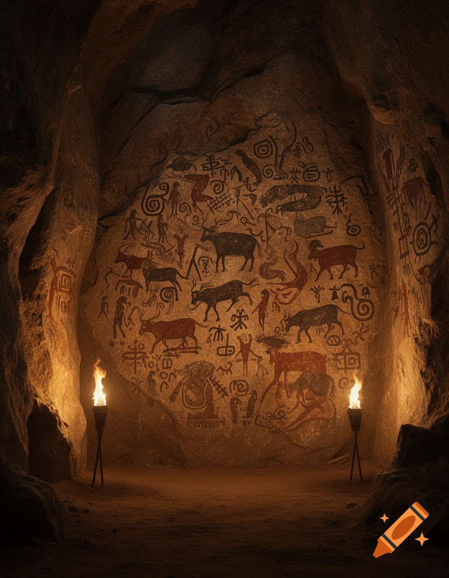A dimly lit cave interior with ancient cave paintings of animals and human figures on the rock wall, illuminated by two torches.