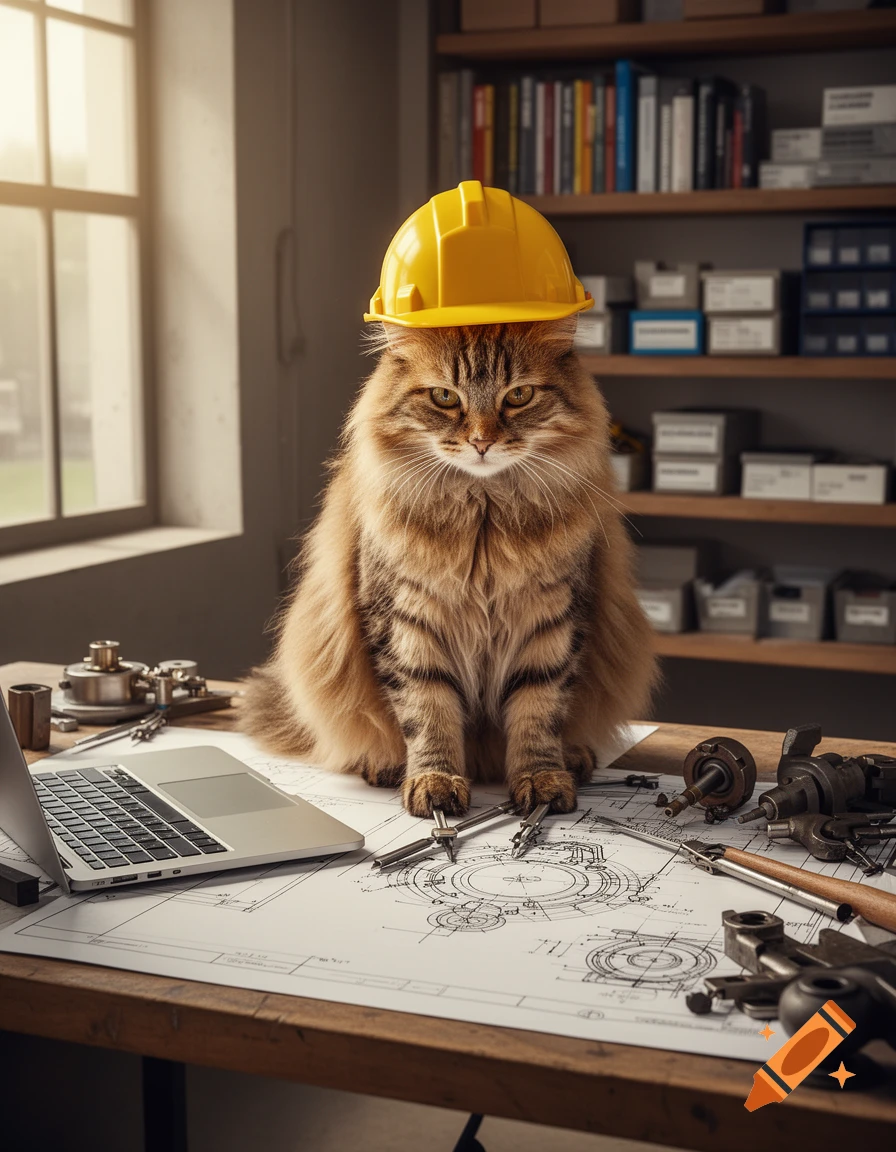 A fluffy tabby cat wearing a yellow hard hat sits on a wooden desk with a laptop, engineering blueprints, and tools.