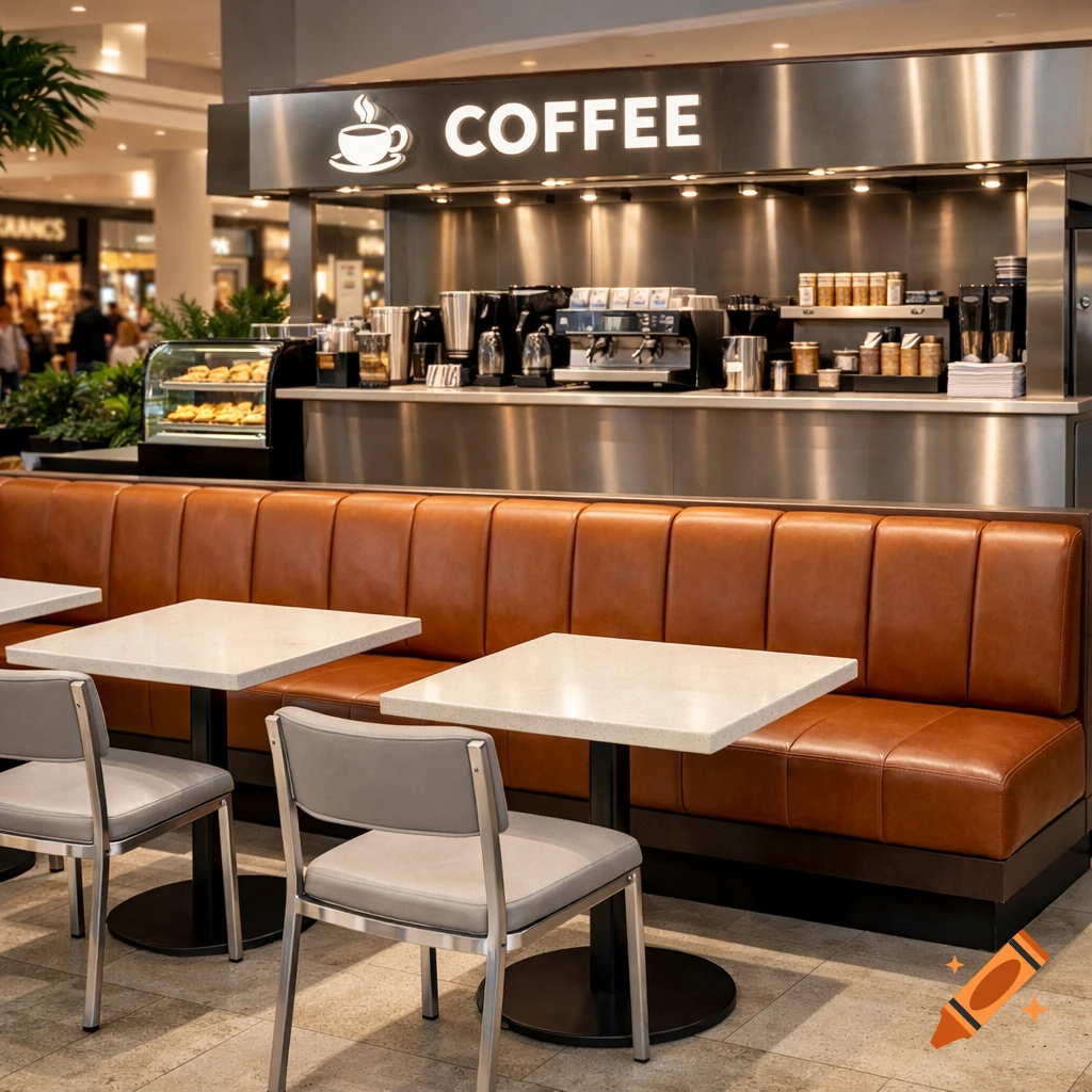 A modern coffee shop with a stainless steel counter, a long cognac leather bench, and white marble tables with grey chairs.