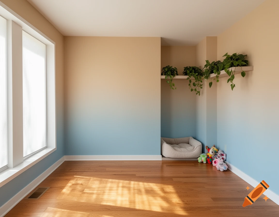 A bright room with a blue and beige gradient wall, wooden floor, a pet bed, and stuffed animals.