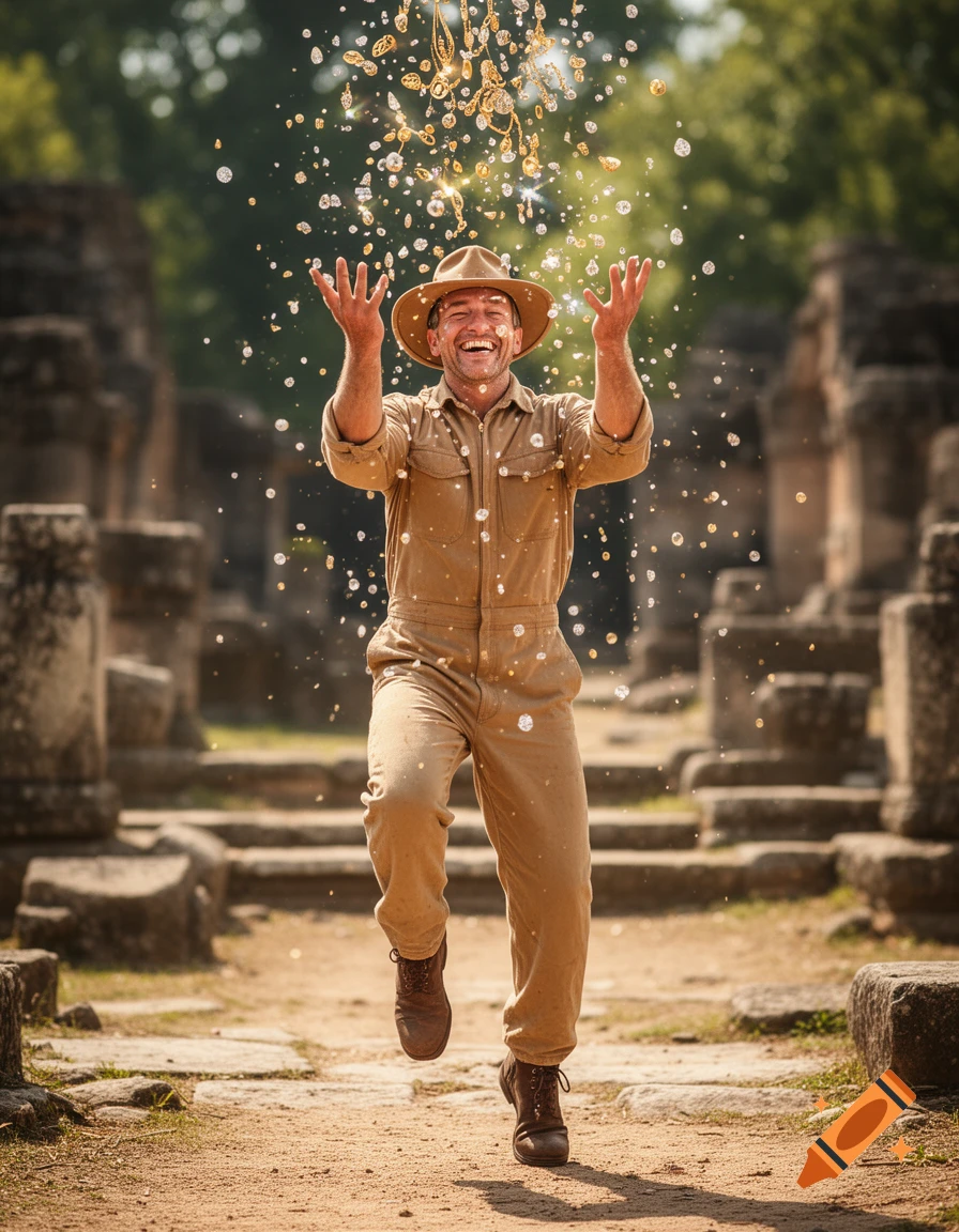 A happy explorer in a tan jumpsuit and hat throws glittering gold and diamonds into the air amidst ancient ruins.