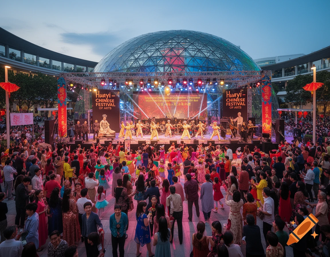 A crowded outdoor festival with a stage, performers in traditional costumes, and a large audience at dusk, with a large glass dome building in the background.