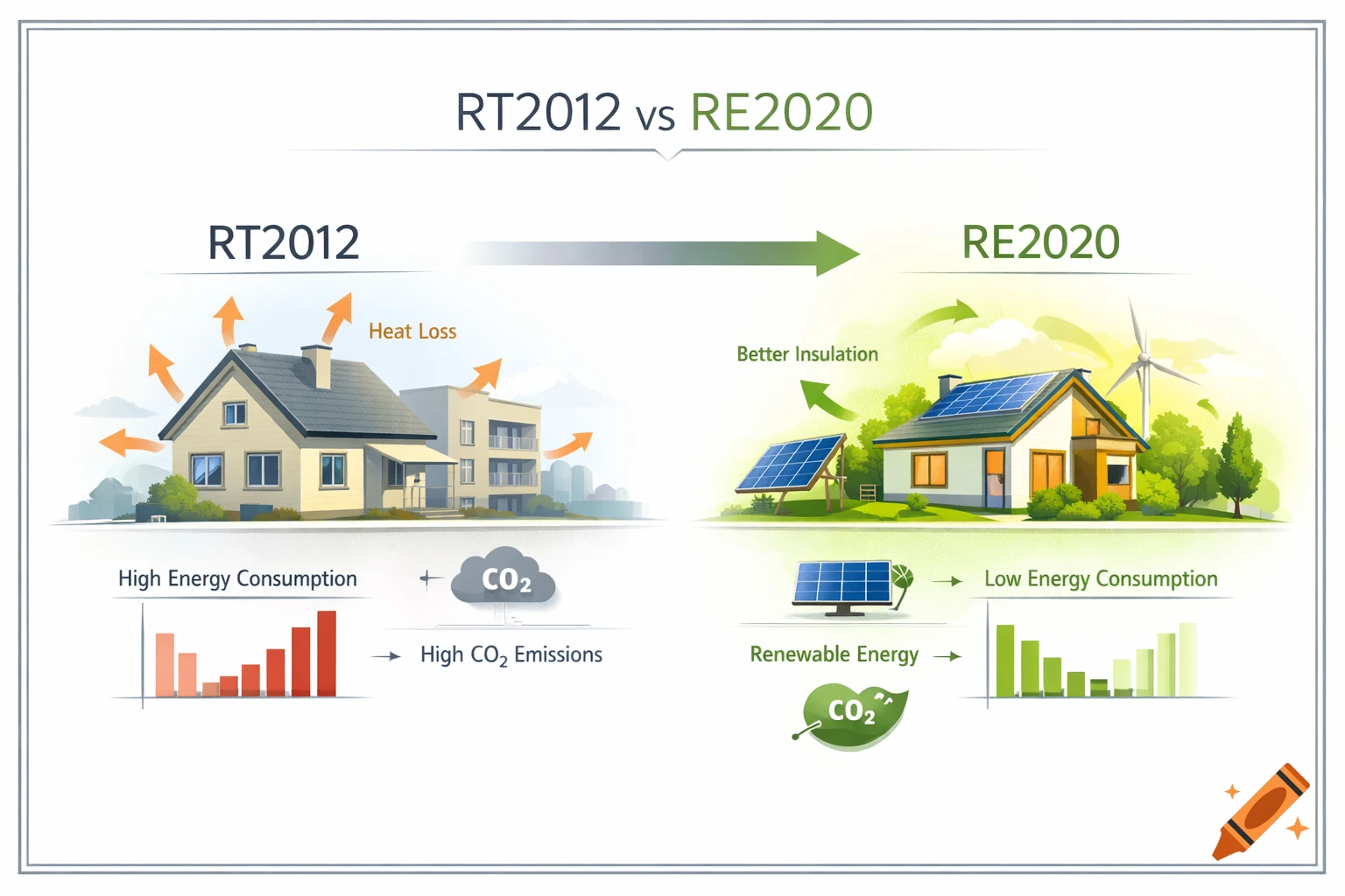 Diagram comparing RT2012 (high energy/CO2) and RE2020 (better insulation, renewable energy, low energy/CO2) building standards.