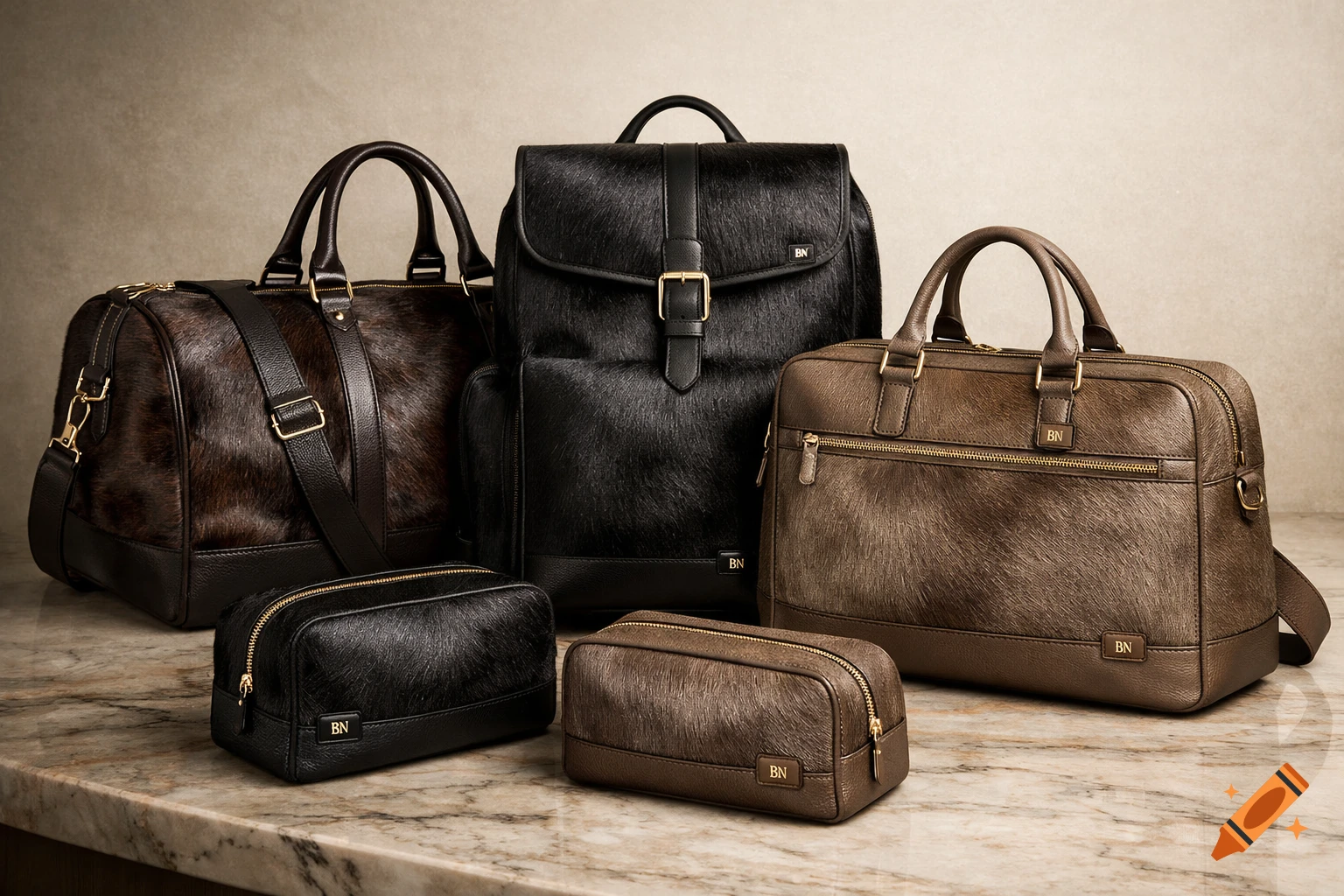 Five luxury travel bags: dark brown duffel, black backpack, brown laptop bag, and two small toiletry bags on marble surface.