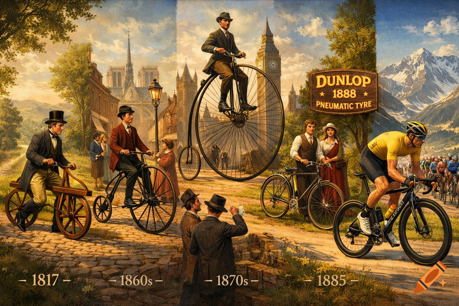 A painted timeline showing the evolution of bicycles from an 1817 wooden draisienne to a modern road racing bike, with various historical bikes and cyclists in between, against a changing landscape.