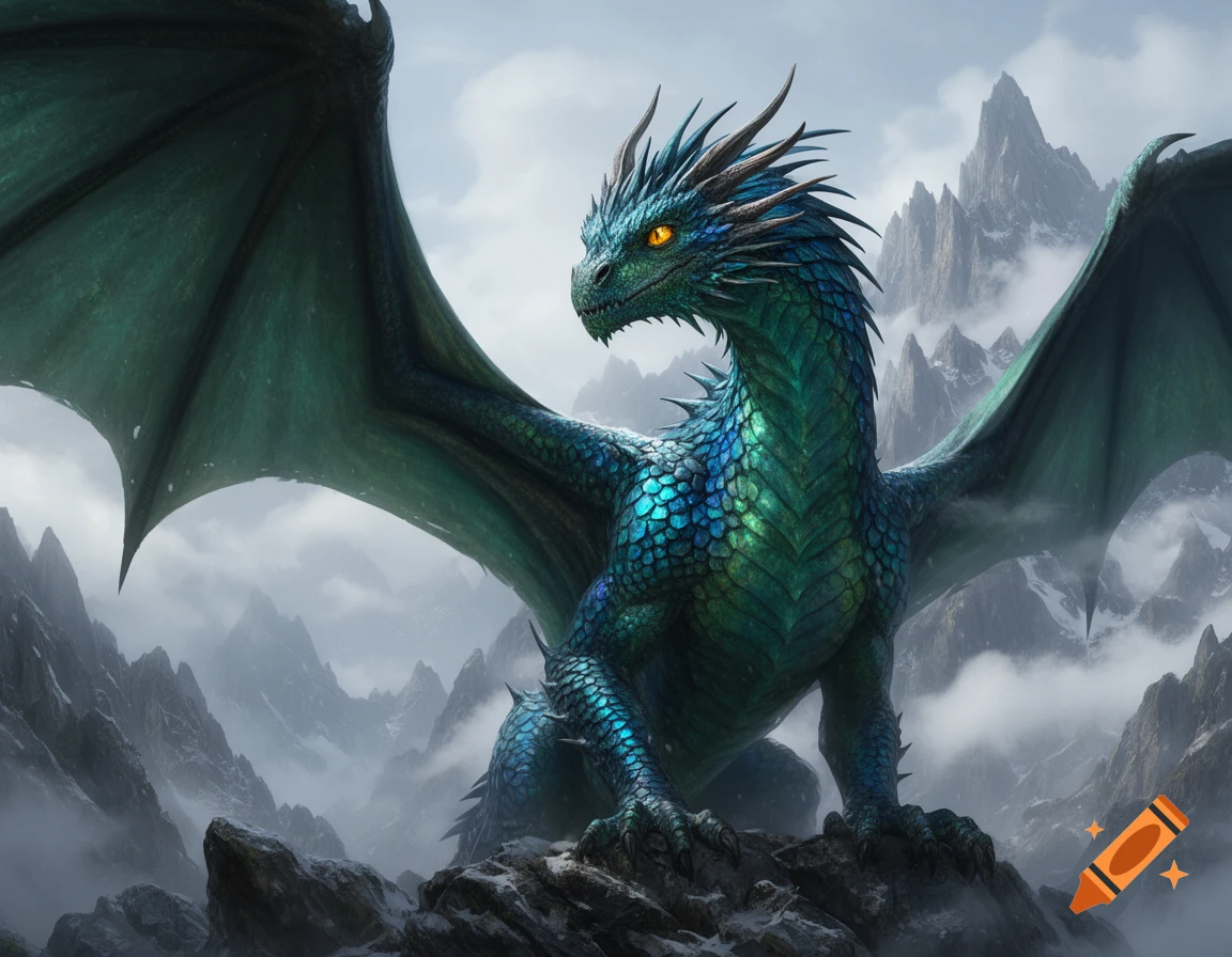 A majestic blue and green dragon with glowing orange eyes perches on a ...