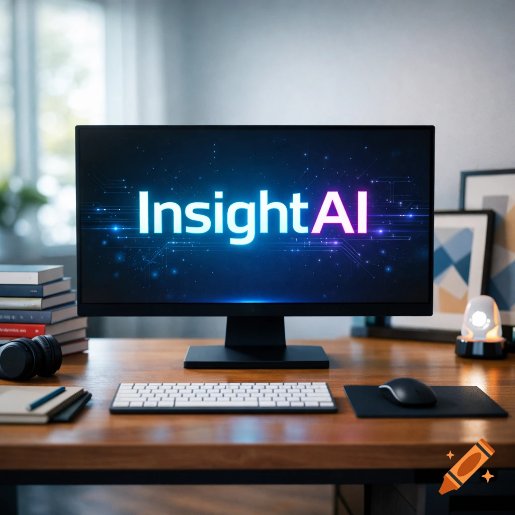 A photorealistic image of a computer monitor displaying "InsightAI" on a wooden desk with a keyboard, mouse, headphones, and books.