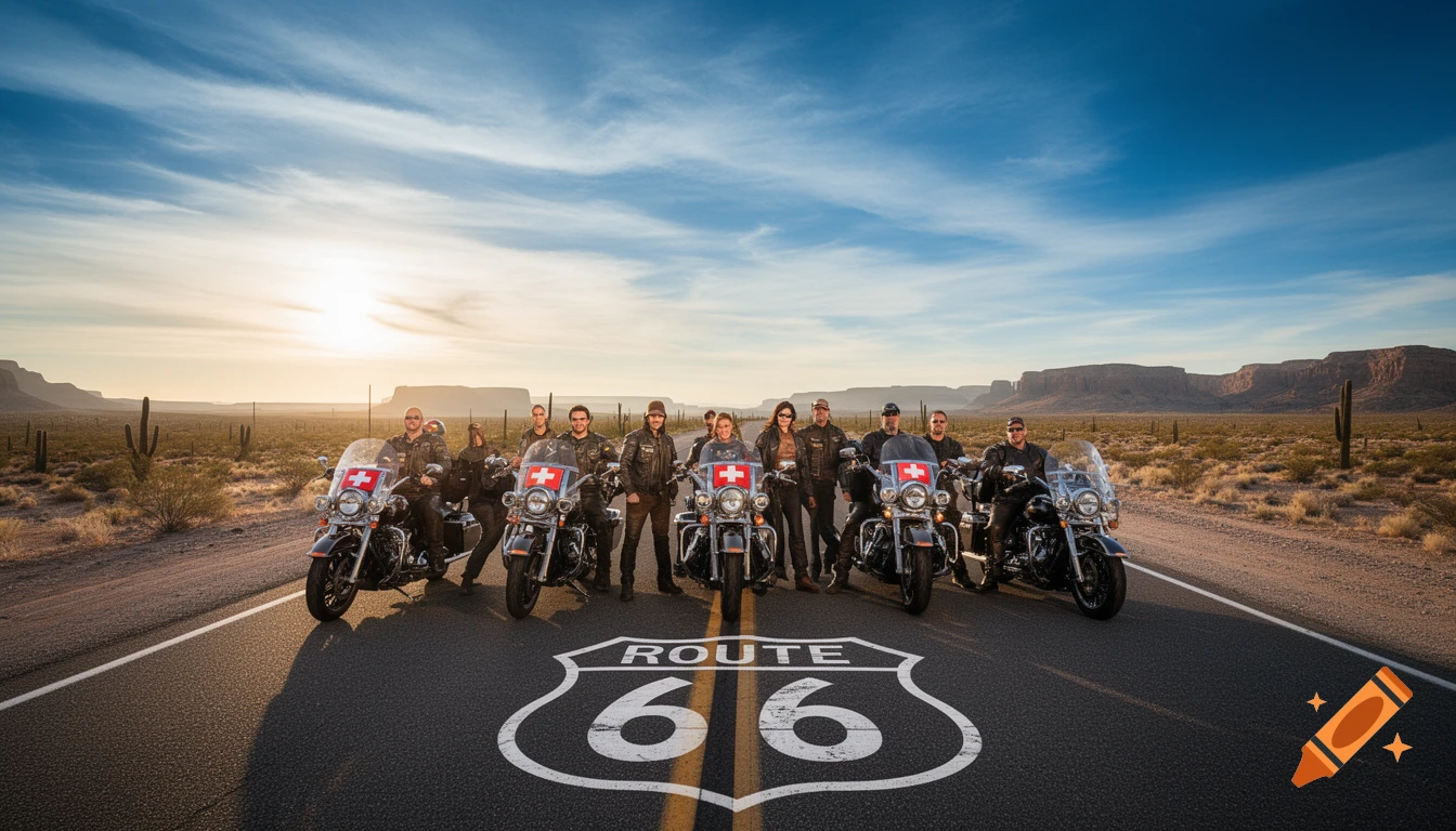 A group of motorcyclists stands with their bikes on Route 66 in a desert landscape at sunset.