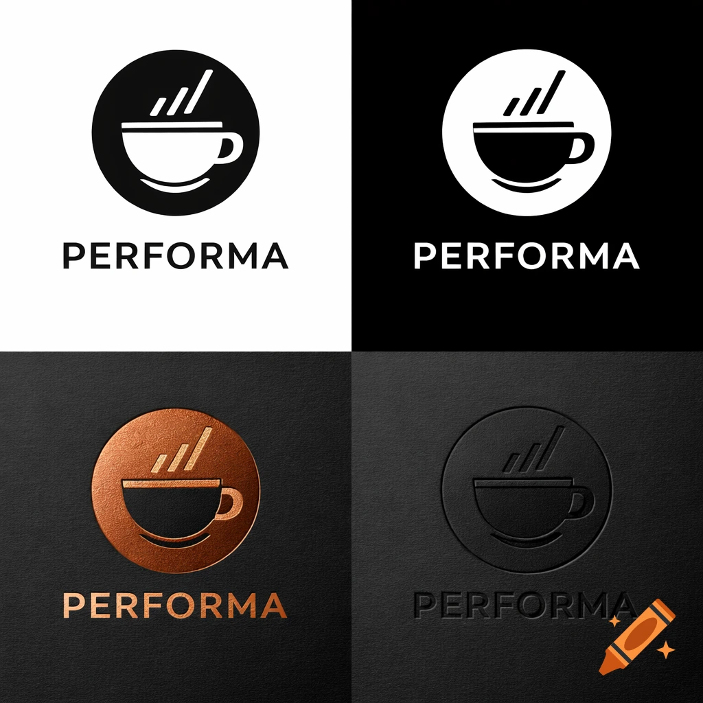 Four variations of the PERFORMA logo: a coffee cup with chart steam, in black on white, white on black, copper embossed, and blind embossed on black.
