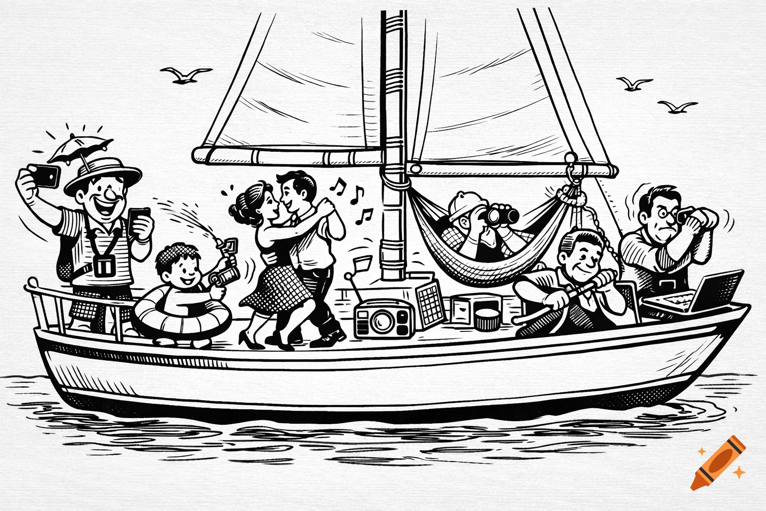 Black and white cartoon of diverse people on a sailboat, including a tourist taking selfies, a child with a water gun, a couple dancing, and others relaxing or working.