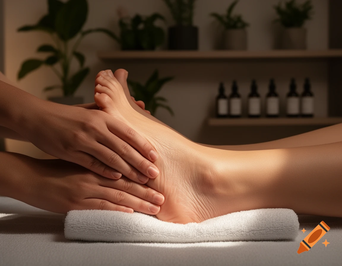 Close-up of a person receiving a foot massage on a white towel, with hands gently pressing the foot.