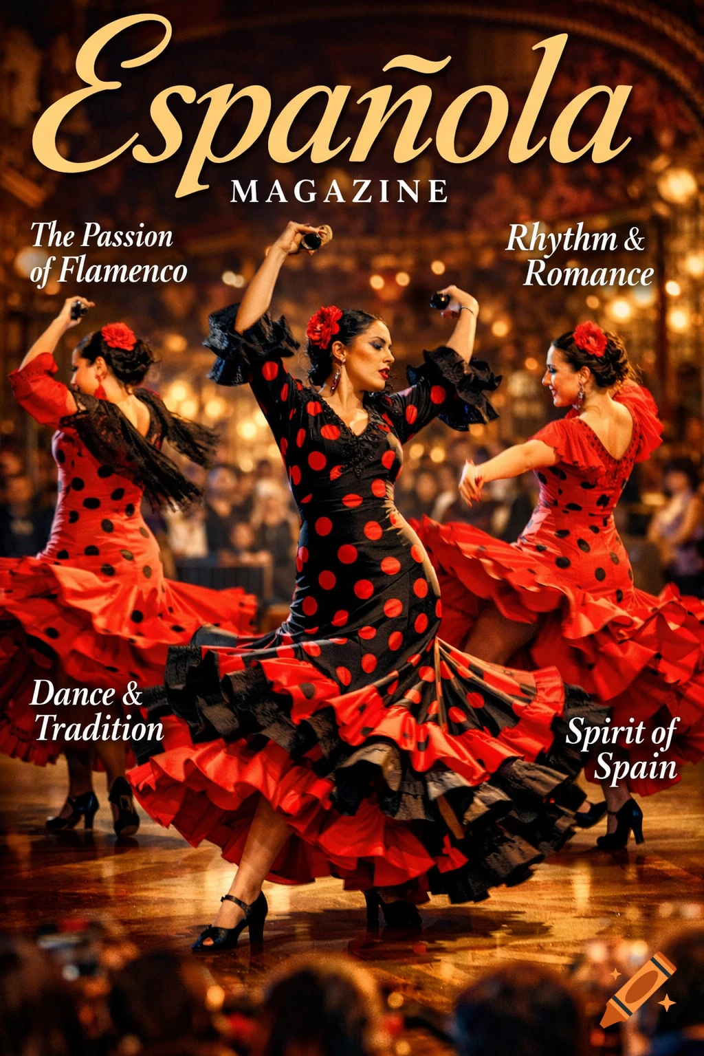 Three women in red and black polka dot flamenco dresses dance on a stage, depicted as a magazine cover titled 'Espa ola Magazine'.