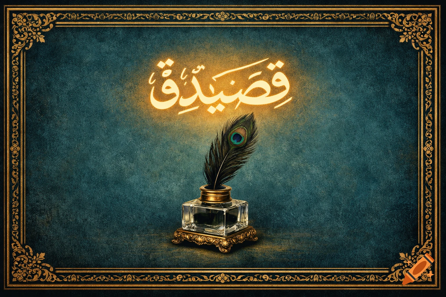 Ornate golden-framed image with glowing Arabic calligraphy, a peacock feather in an antique glass inkwell, on a deep teal textured background.