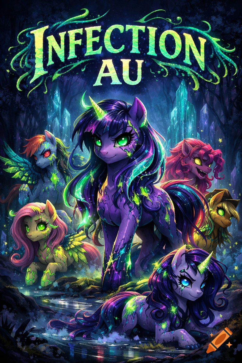 Dark fantasy digital art of several ponies with glowing green 'infection' marks and vibrant manes in a mystical, crystal-filled forest. Text reads 'INFECTION AU'.