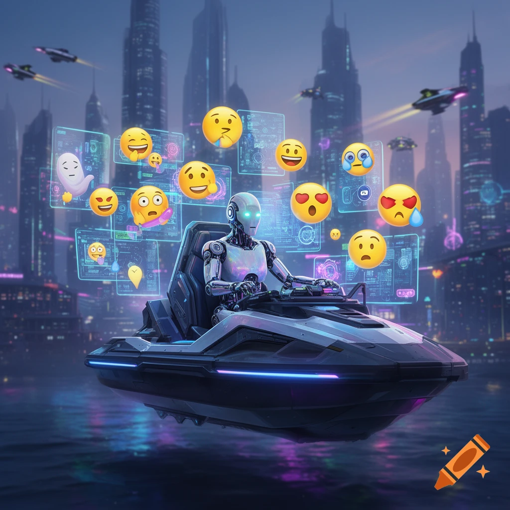A futuristic robot in a hovercraft navigates through a neon-lit city, surrounded by floating holographic screens and emojis.