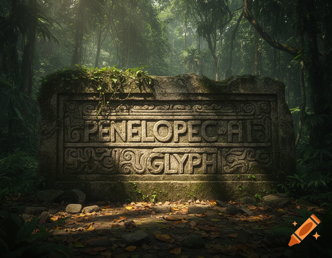A moss-covered stone slab with the carved words 'PENELOPEE GLYPH' sits in a mystical, sun-dappled jungle.