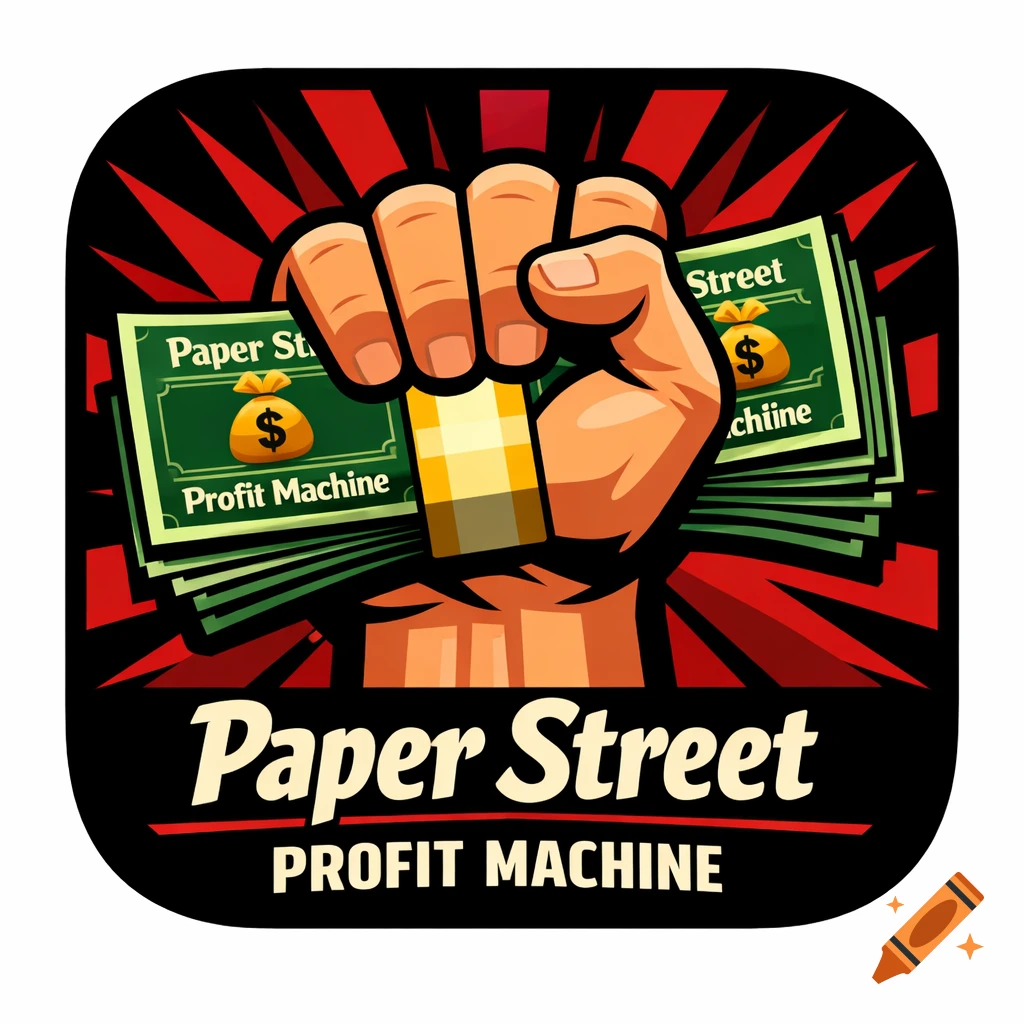 A stylized app icon features a clenched fist holding stacks of money, with the text 'Paper Street Profit Machine' below, set against a red and black radial background.