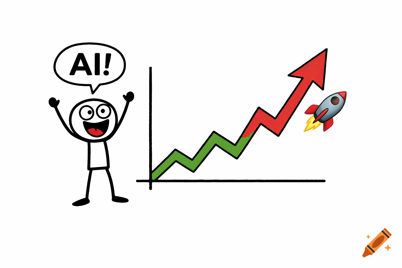 Happy stickman with 'AI!' text bubble next to a rising chart and rocket in a minimalist style.
